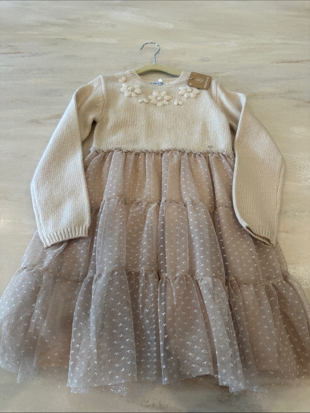 Mayoral Cream Knit Bodice Taupe Tulle Tiered Dress